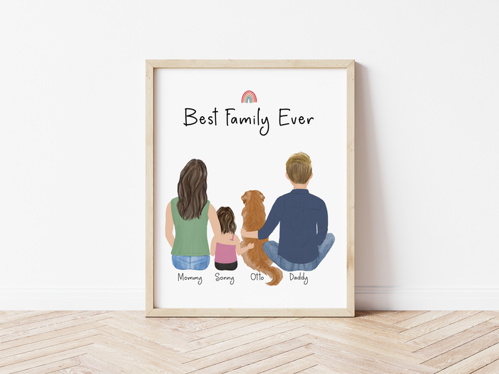 Framed for Young Family and Pets Personalized Wall Art | Custom Illustration | Mother's Day Gift