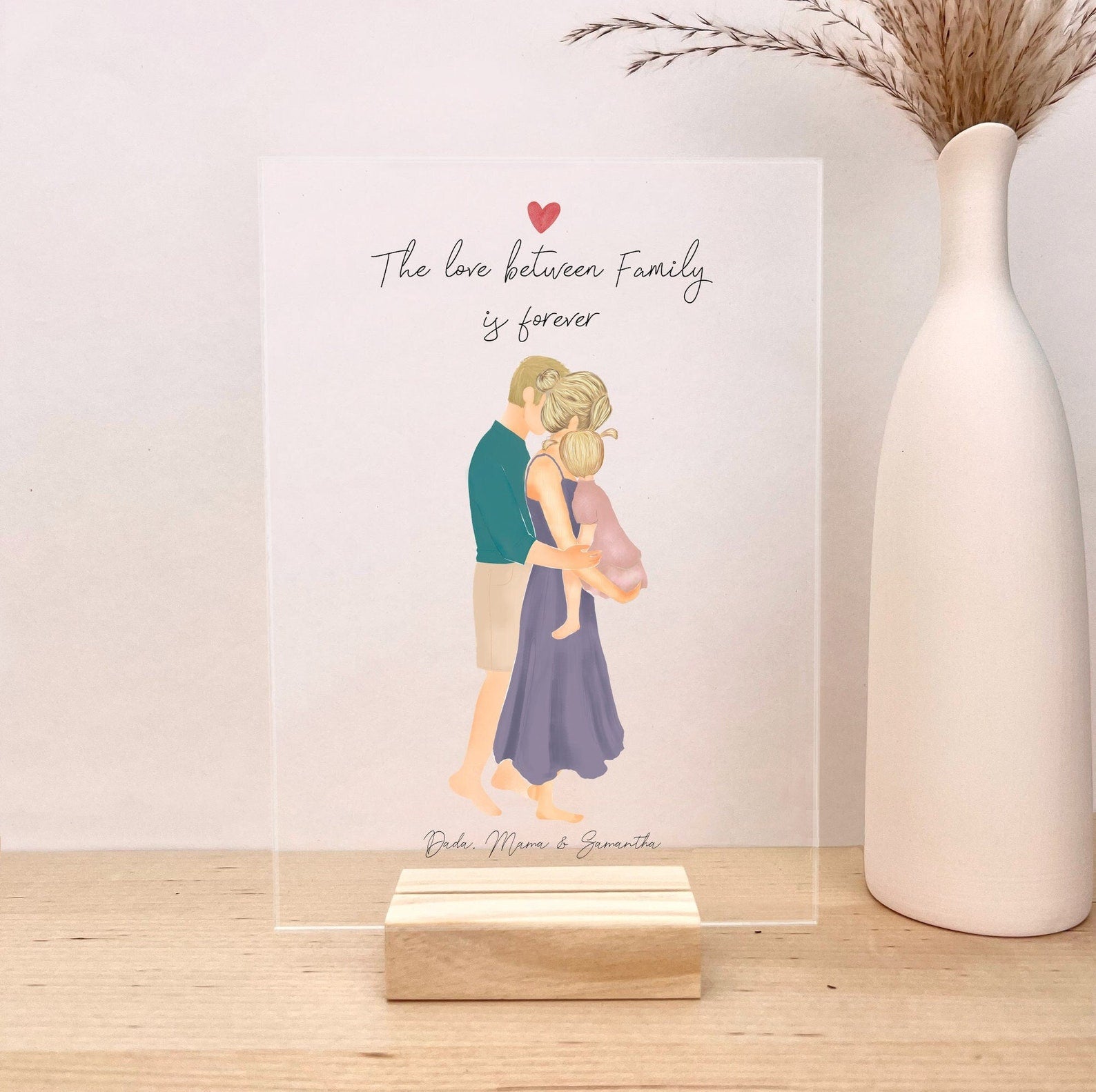 Family of 3 with Toddler Girl Acrylic personalized wall art - custom illustration by Catia Creative
