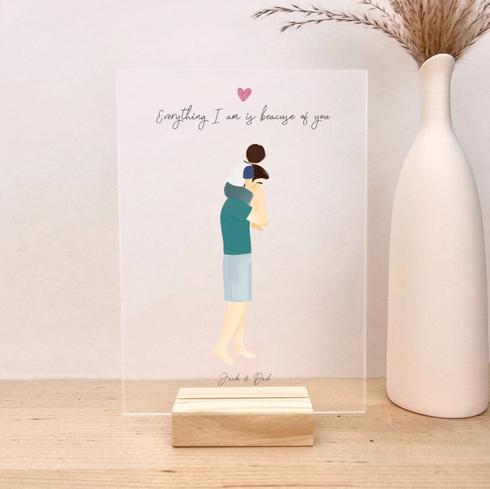 Dad and Son in shoulders Acrylic Personalized Wall Art | Custom Illustration | Father's Day Gift