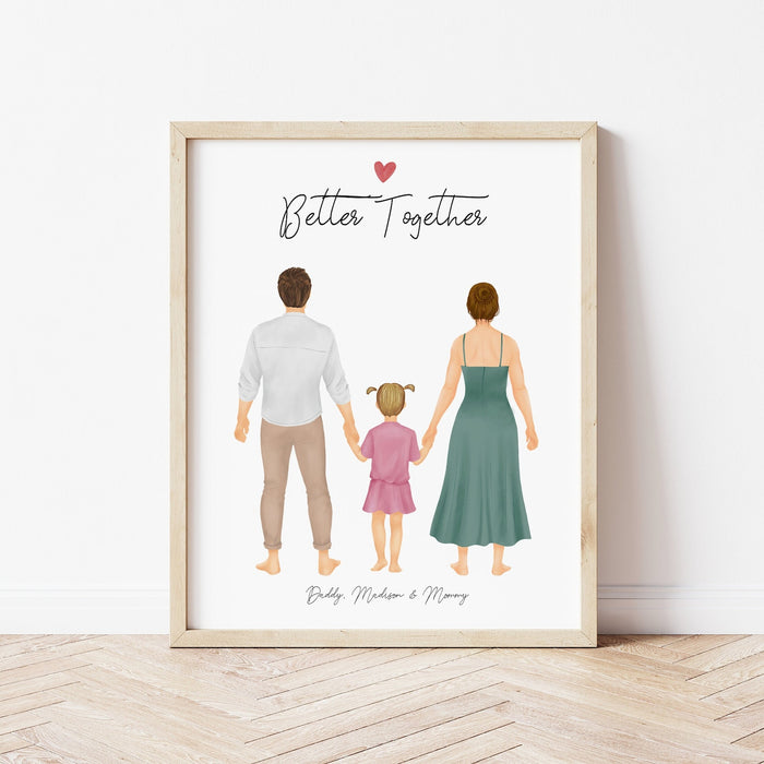 Family Dad Mom and Girl Personalized Wall Art | Custom Illustration | Mother's Day Gift