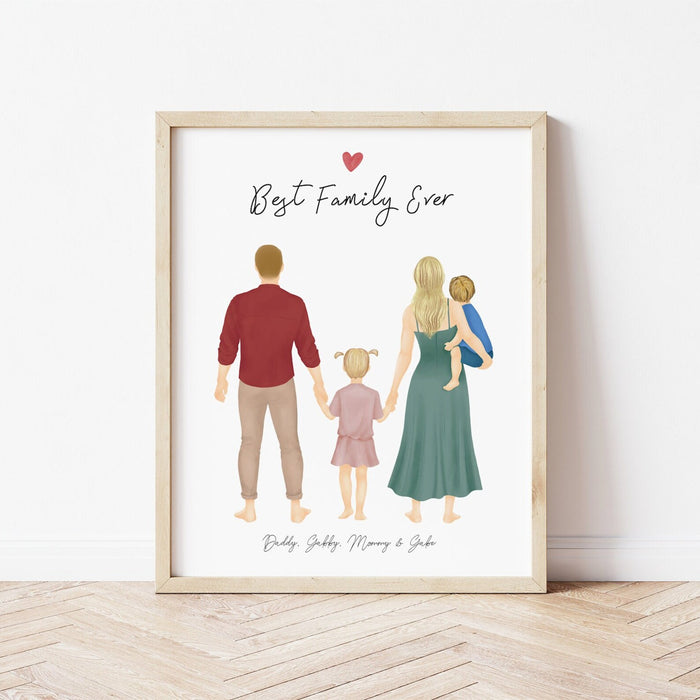 Family with Dad Mom and Kids Personalized Wall Art | Custom Illustration | Mother's Day Gift