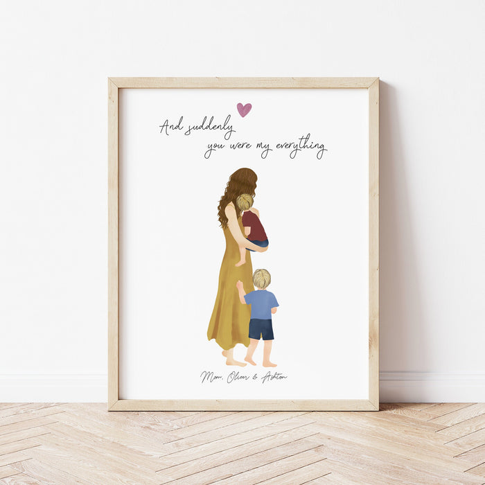 Mother and Sons Personalized Wall Art | Custom Illustration | Mother's Day Gift