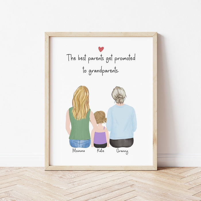 3 Generations with grandmother Personalized Wall Art | Custom Illustration | Mother's Day Gift