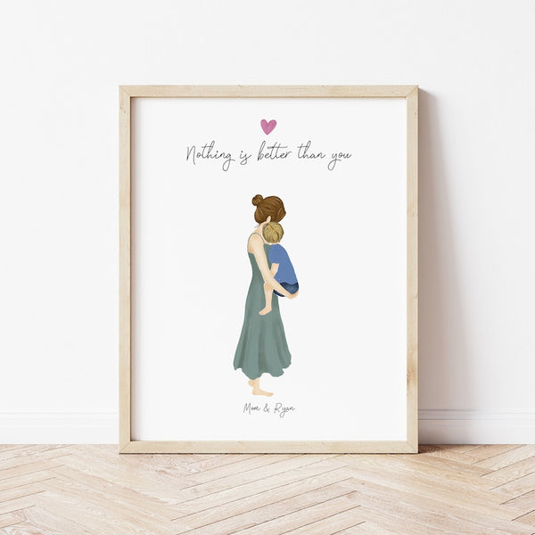 Mother and Son in Arms Personalized Wall Art | Custom Illustration | Mother's Day Gift