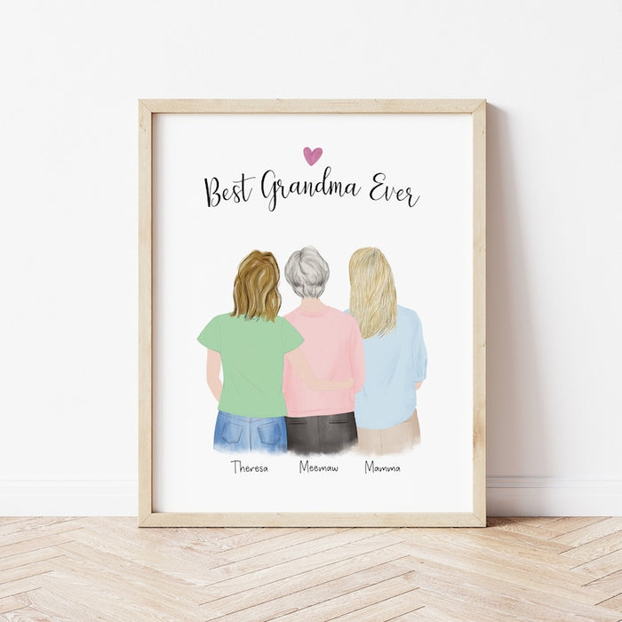 3 generation Personalized Wall Art | Custom Illustration | Mother's Day Gift