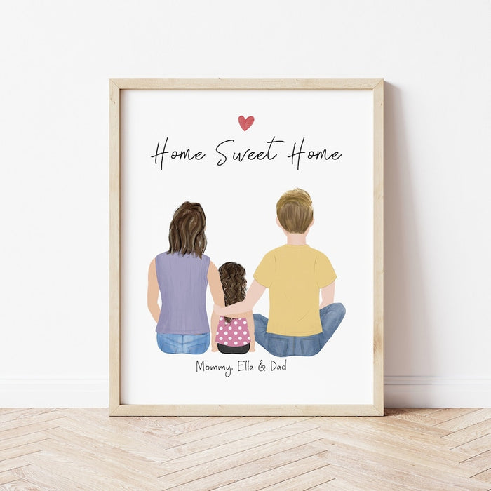 Parents and Little Girl Personalized Wall Art | Custom Illustration | Mother's Day Gift