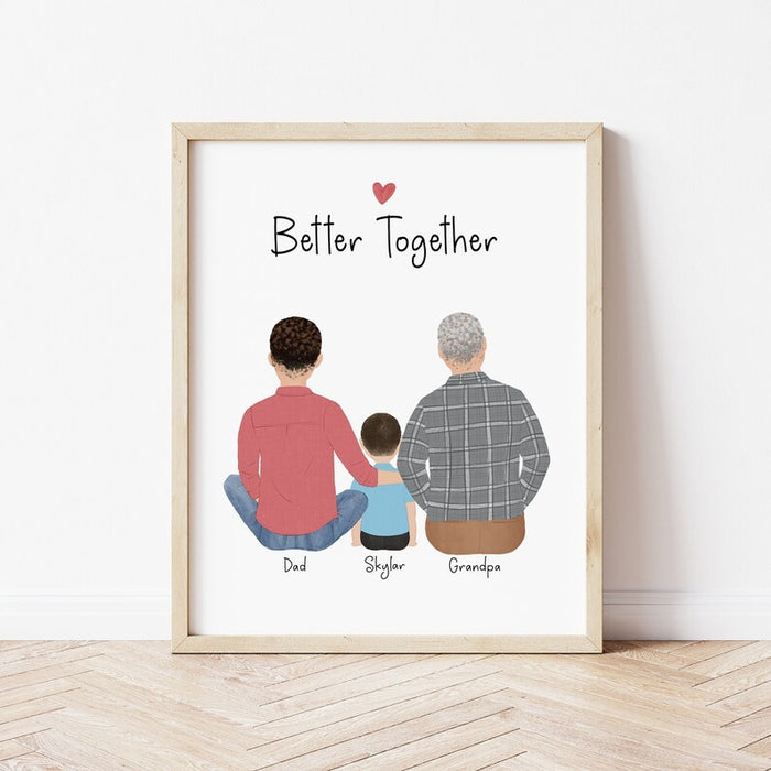 3 Generations with grandfather Personalized Wall Art | Custom Illustration | Father's Day Gift