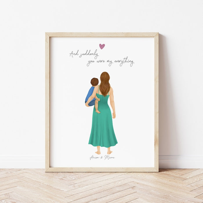 Mother and Son in Arms Personalized Wall Art | Custom Illustration | Mother's Day Gift
