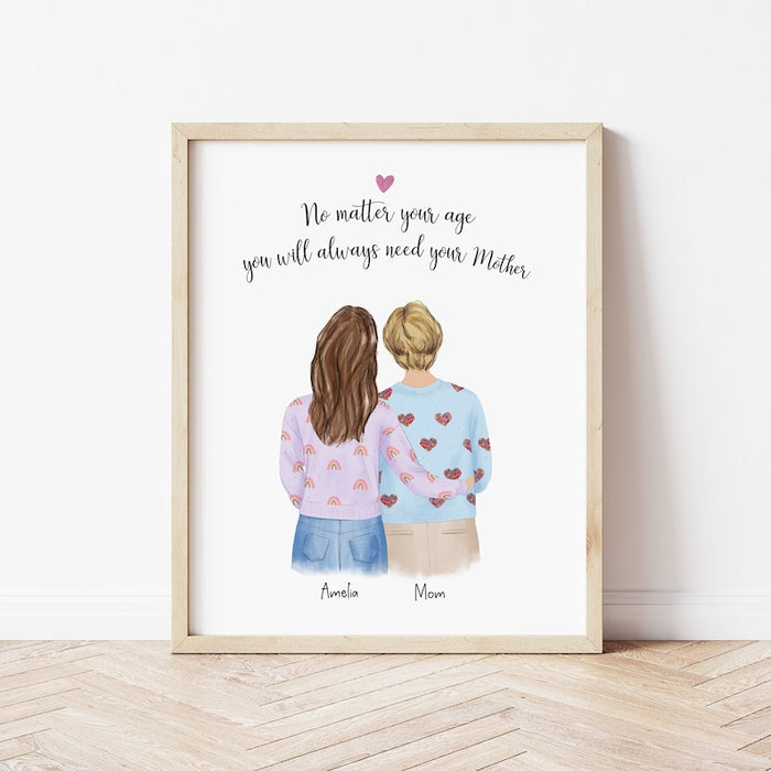 Colorful Mom and Daughter Personalized Wall Art | Custom Illustration | Mother's Day Gift