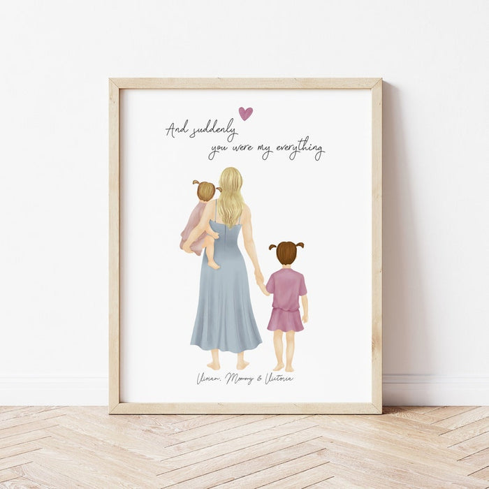 Mom and little girls Personalized Wall Art | Custom Illustration | Mother's Day Gift