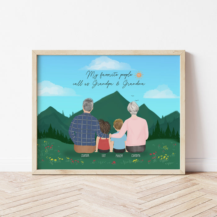 Grandparents and kids Personalized Wall Art | Custom Illustration | Father's Day Gift