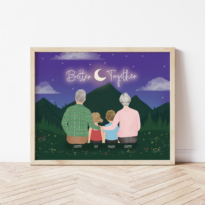 Grandparents with Kids Personalized Wall Art | Custom Illustration | Father's Day Gift