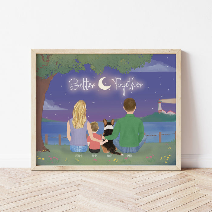 Family with Kid and Pet Personalized Wall Art | Custom Illustration | Mother's Day Gift