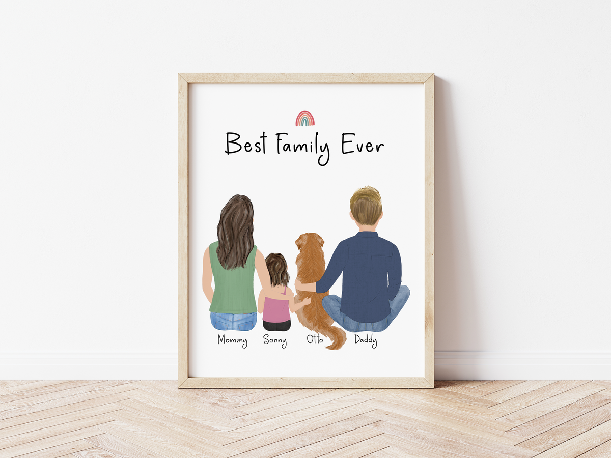 Framed for Young Family and Pets personalized wall art - custom illustration by Catia Creative