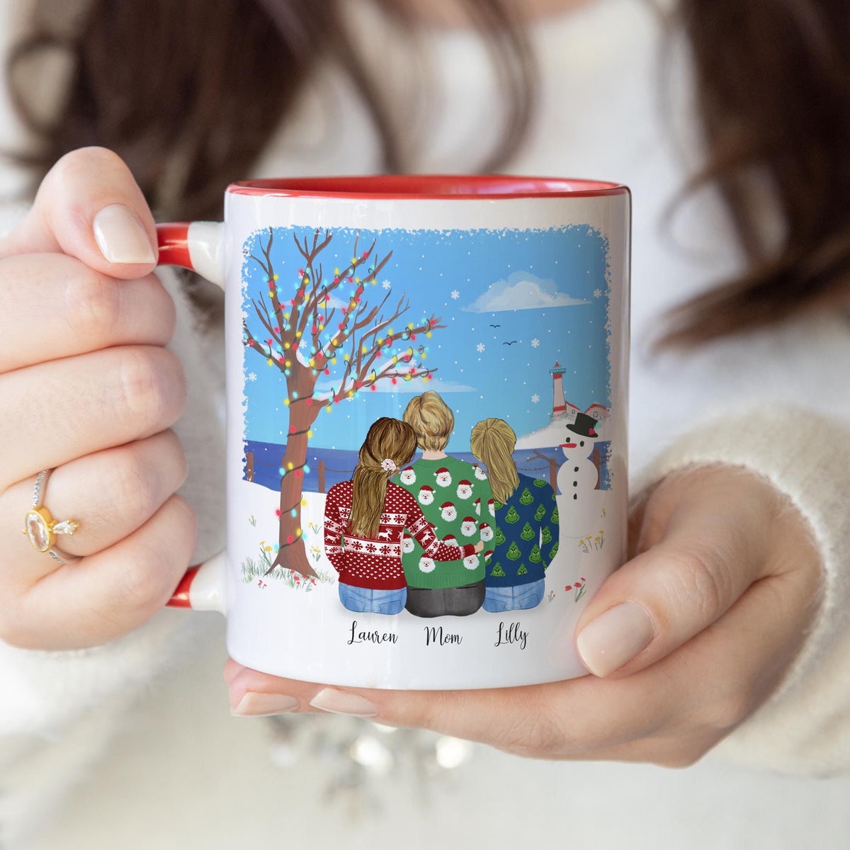 With Mom and Daughters Gift for Mom From Daughter Holiday Coffee Mug Mother personalized coffee mug - custom illustrated gift by Catia Creative