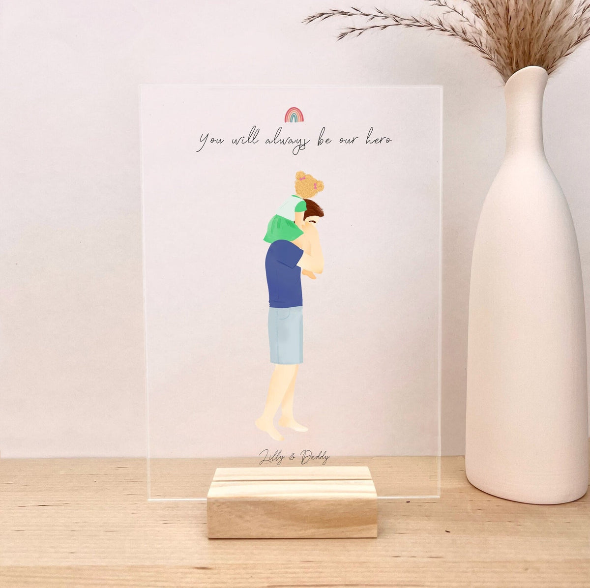 Dad and Daughter in Shoulders Acrylic personalized wall art - custom illustration by Catia Creative