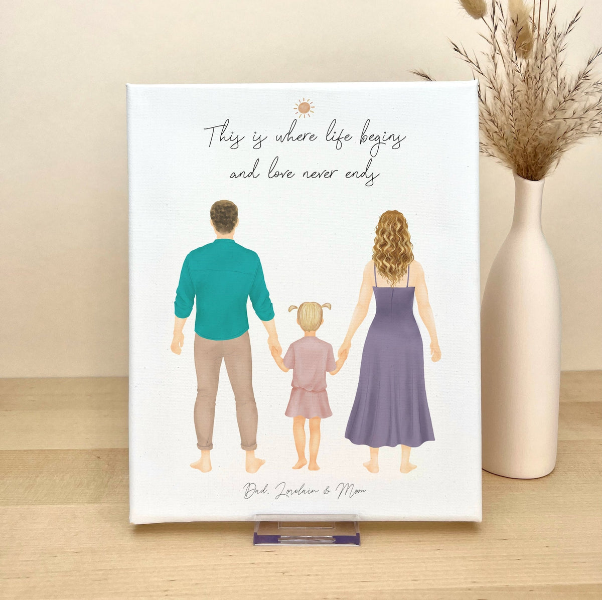 Mom Dad and Girl personalized canvas print - custom wall art by Catia Creative