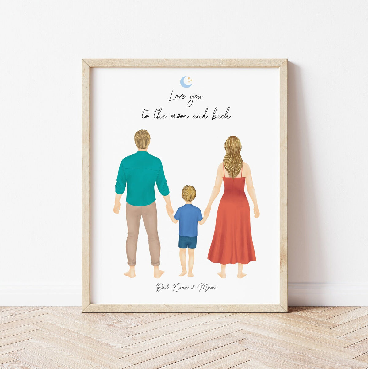 Mom Dad and Boy personalized wall art - custom illustration by Catia Creative