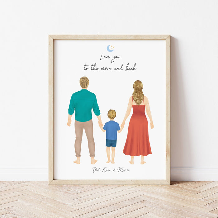 Mom Dad and Boy Personalized Wall Art | Custom Illustration | Mother's Day Gift