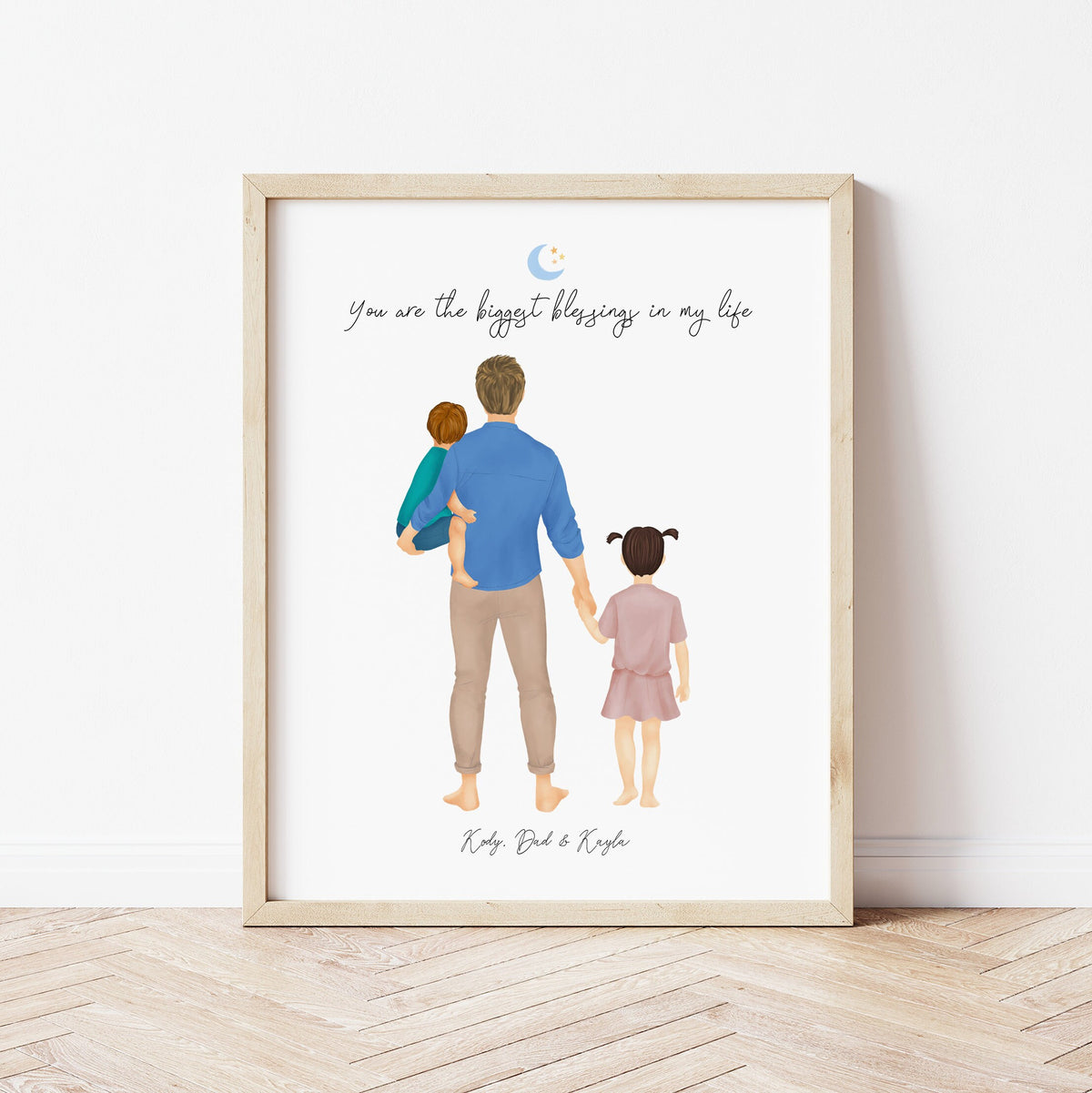 Dad, Son and Daughter personalized wall art - custom illustration by Catia Creative