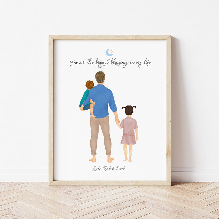 Dad, Son and Daughter Personalized Wall Art | Custom Illustration | Father's Day Gift