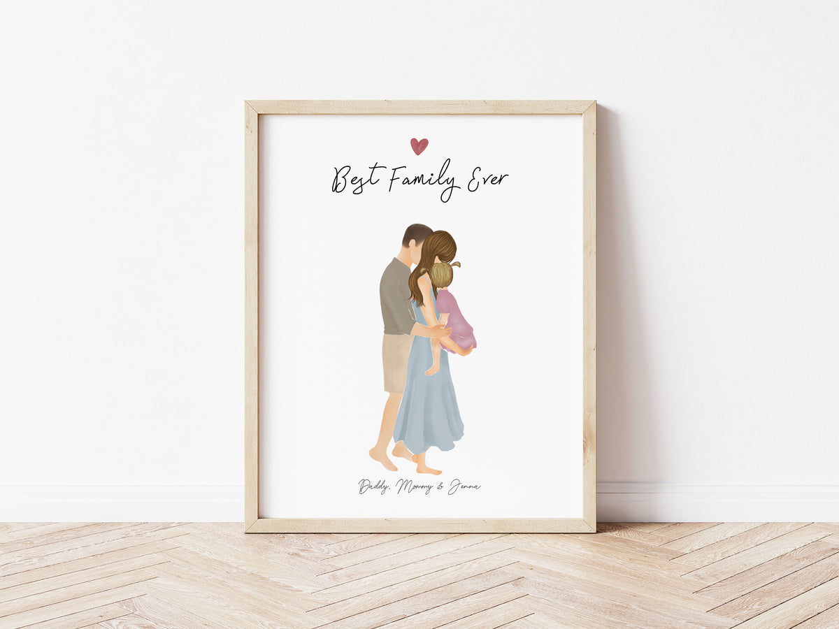 Family with Toddler Girl personalized wall art - custom illustration by Catia Creative