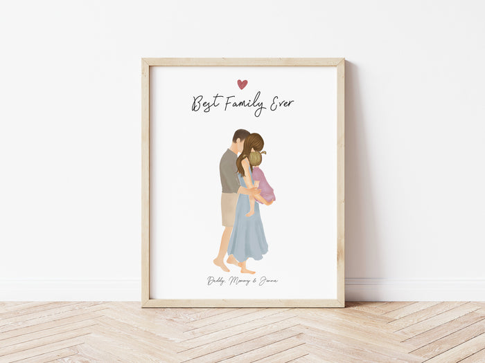 Family with Toddler Girl Personalized Wall Art | Custom Illustration | Father's Day Gift
