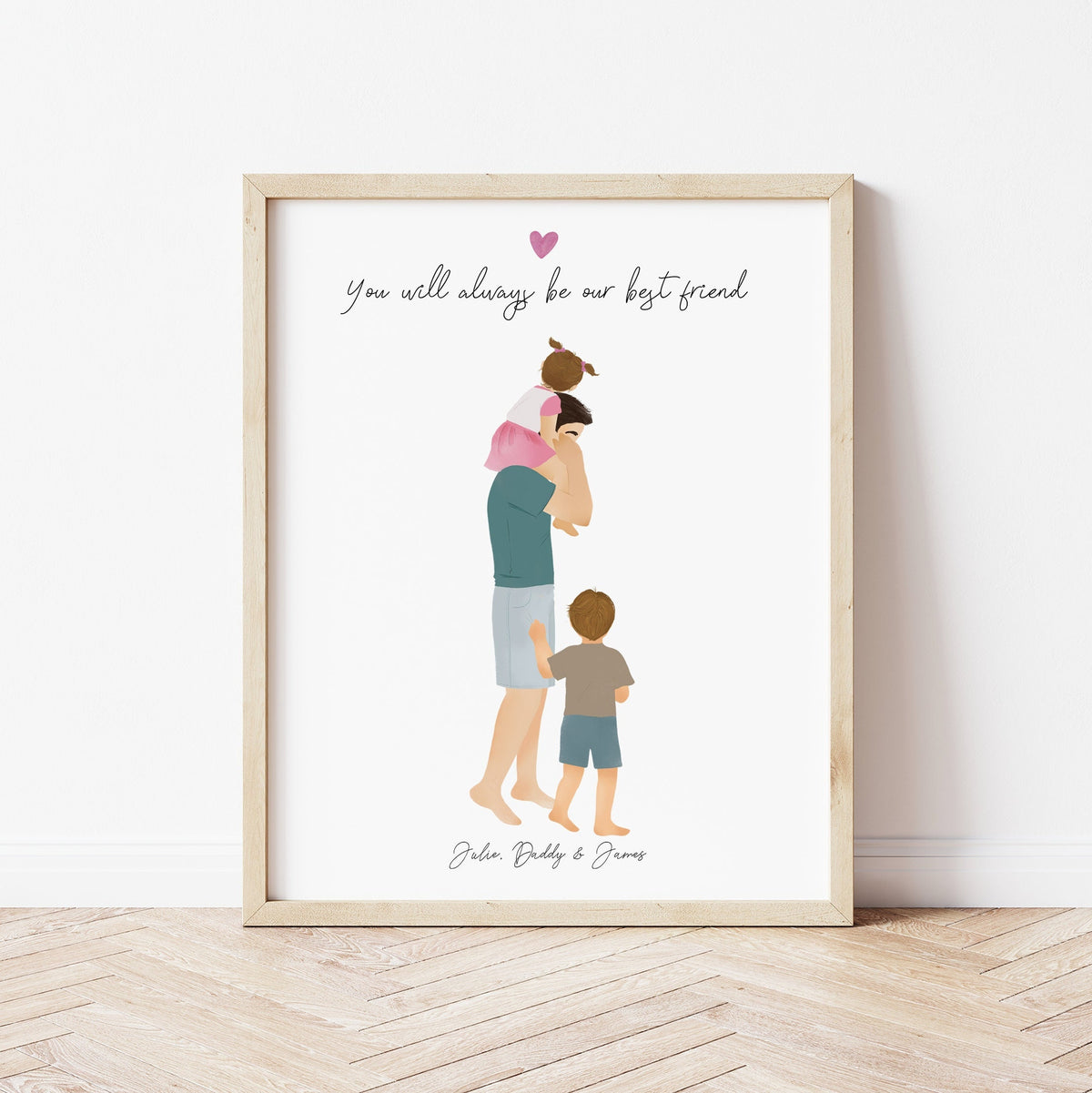 Dad, Little Girl and Boy personalized wall art - custom illustration by Catia Creative
