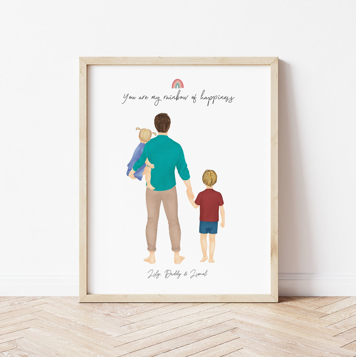 Dad, daughter and son personalized wall art - custom illustration by Catia Creative