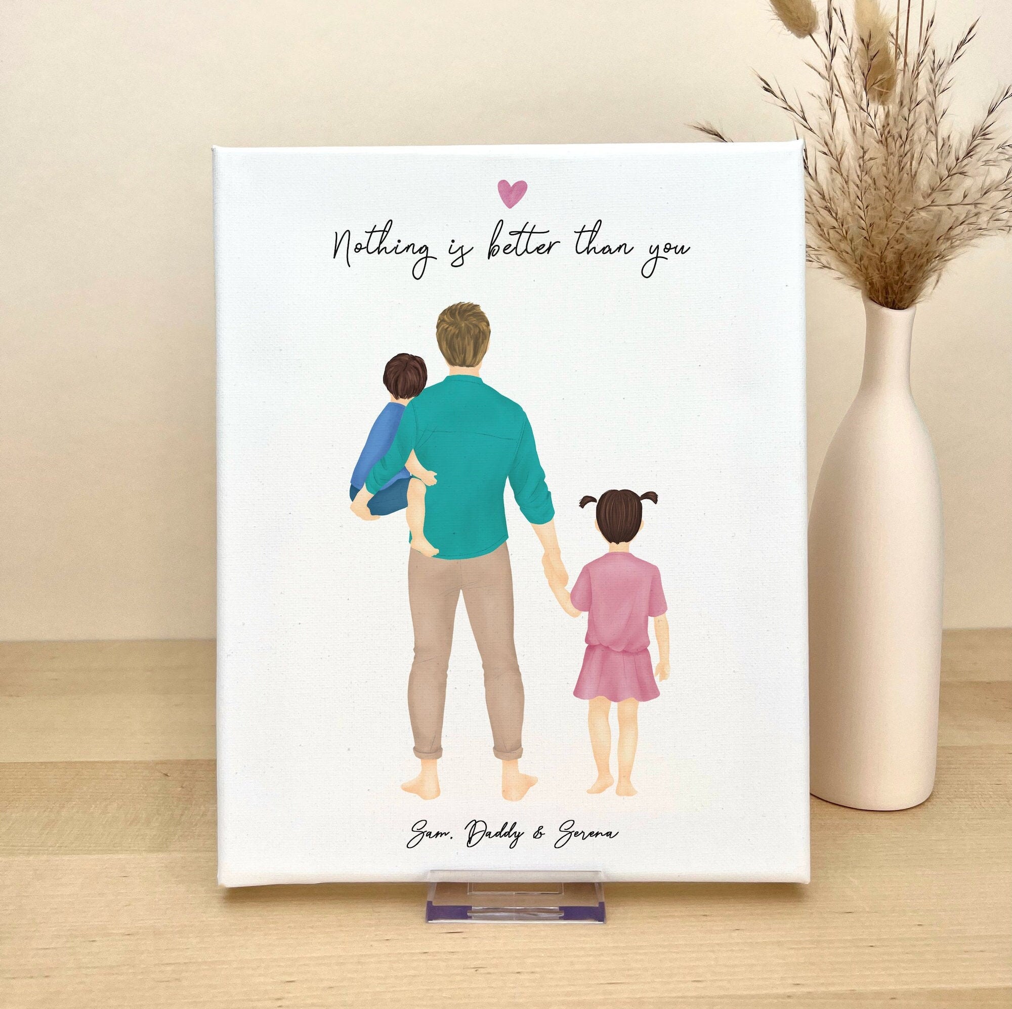 Dad, Little Boy and Girl Customizable Canvas Illustration