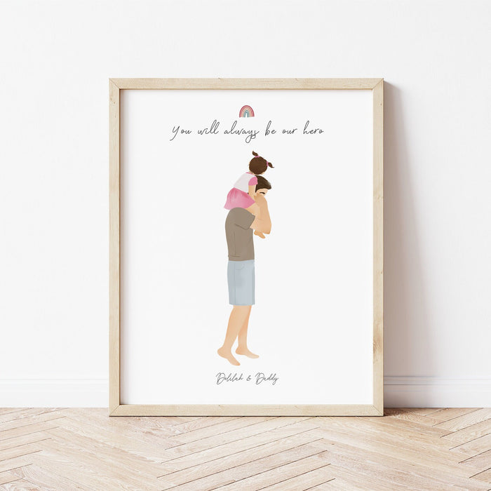 Dad and Daughter in shoulders Personalized Wall Art | Custom Illustration | Father's Day Gift