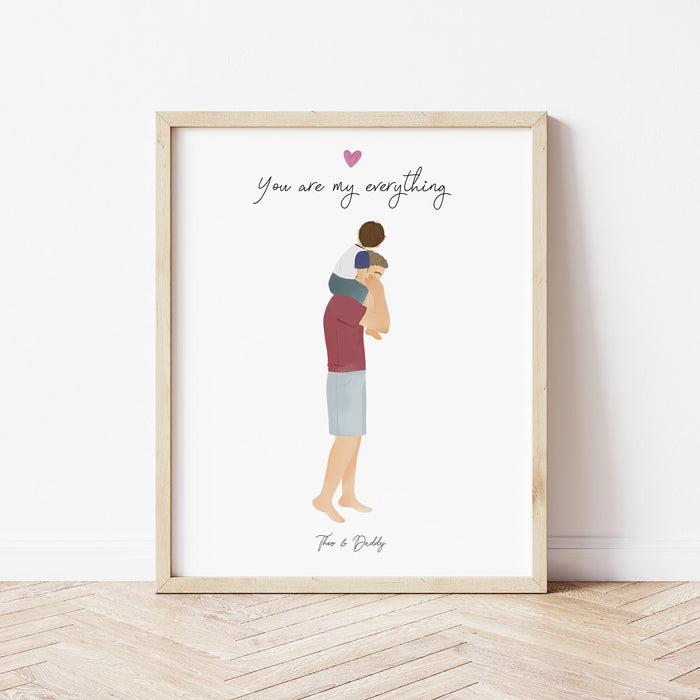 Dad and Son in shoulders Personalized Wall Art | Custom Illustration | Father's Day Gift