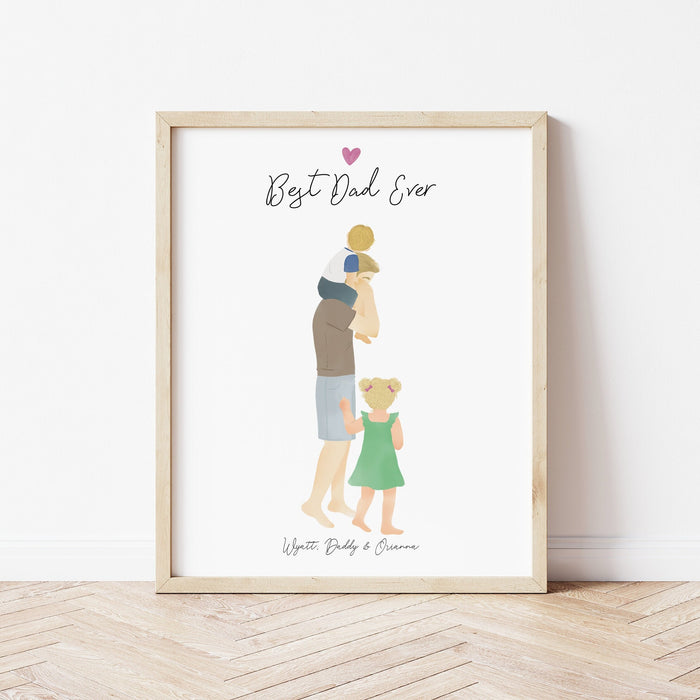 Dad, Son and Daughter Personalized Wall Art | Custom Illustration | Father's Day Gift