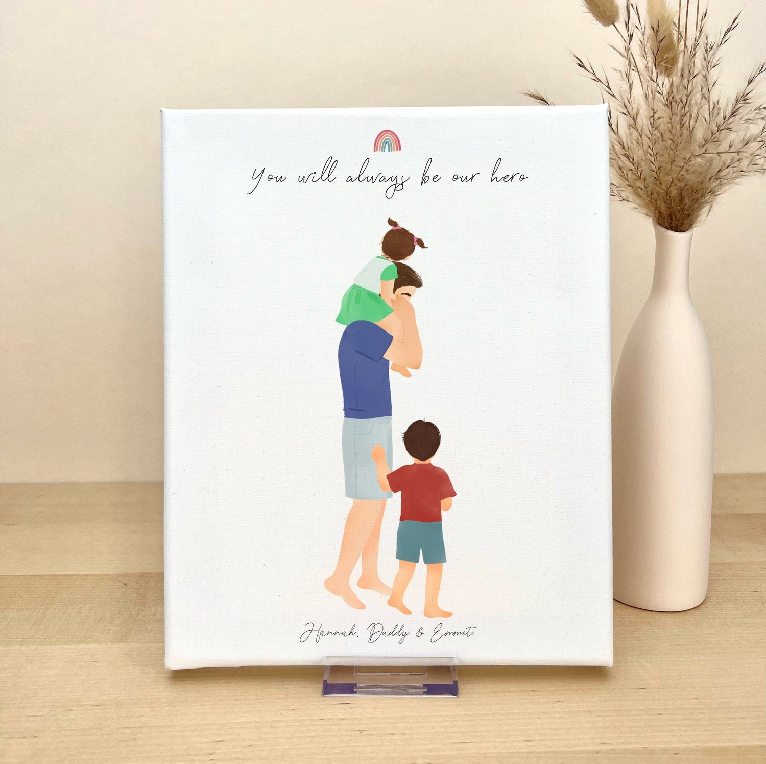 Customizable Dad, little boy and Girl Art on Canvas