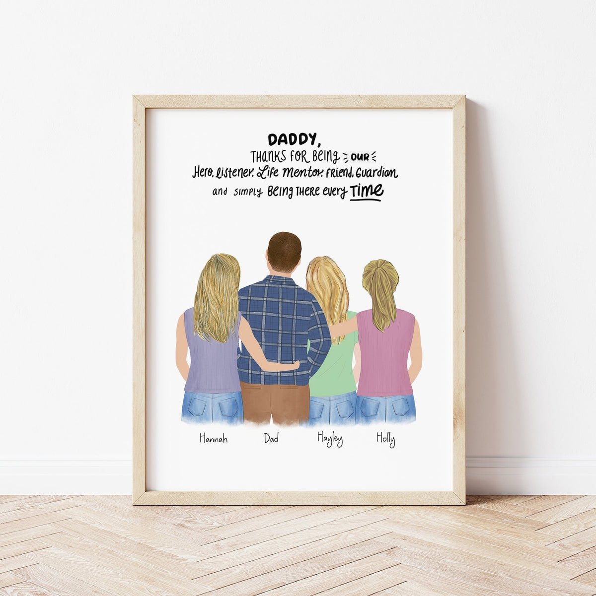Dad and Daughters personalized wall art - custom illustration by Catia Creative