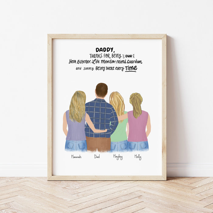Dad and Daughters Personalized Wall Art | Custom Illustration | Father's Day Gift