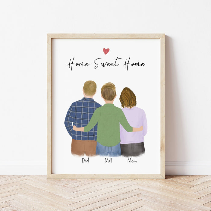 Parents and Son Personalized Wall Art | Custom Illustration | Mother's Day Gift