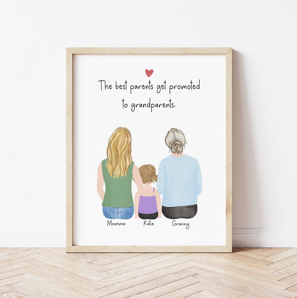 3 Generations with grandmother personalized wall art - custom illustration by Catia Creative