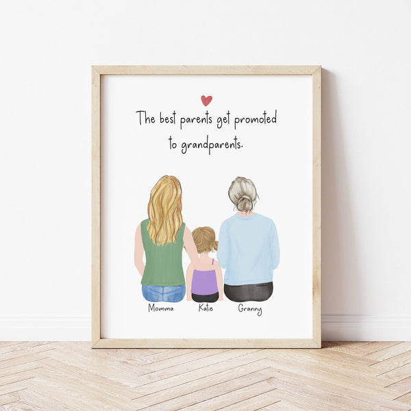 3 Generations with grandmother Personalized Wall Art | Custom Illustration | Mother's Day Gift