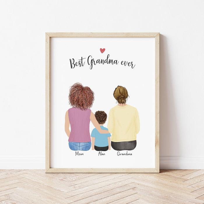 3 Generations Personalized Wall Art | Custom Illustration | Mother's Day Gift