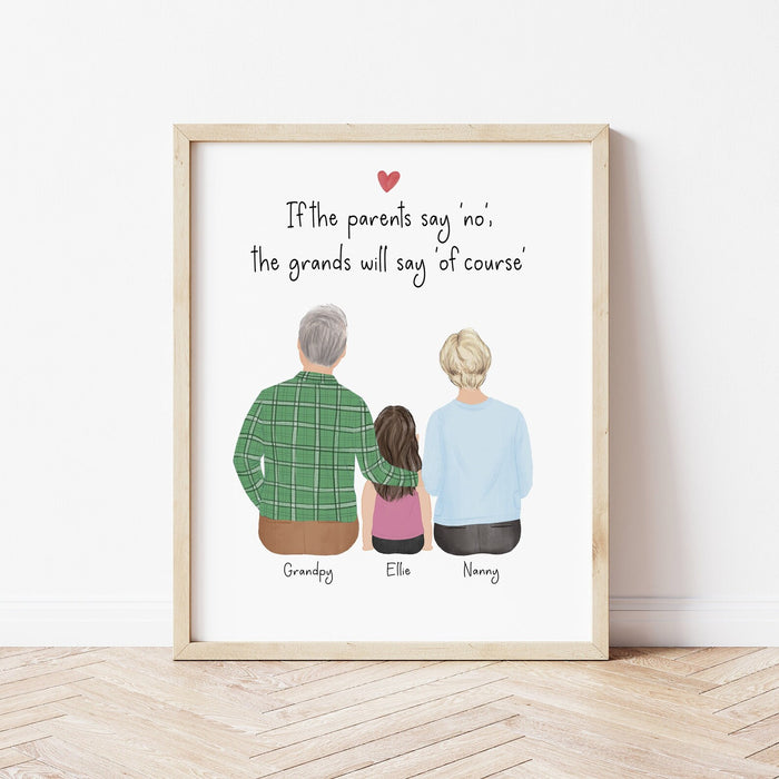 Grandparents and Little Girl Personalized Wall Art | Custom Illustration | Mother's Day Gift