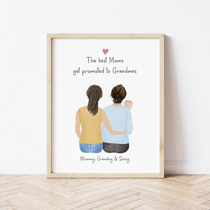 3 Generation with Grandmother Personalized Wall Art | Custom Illustration | Mother's Day Gift
