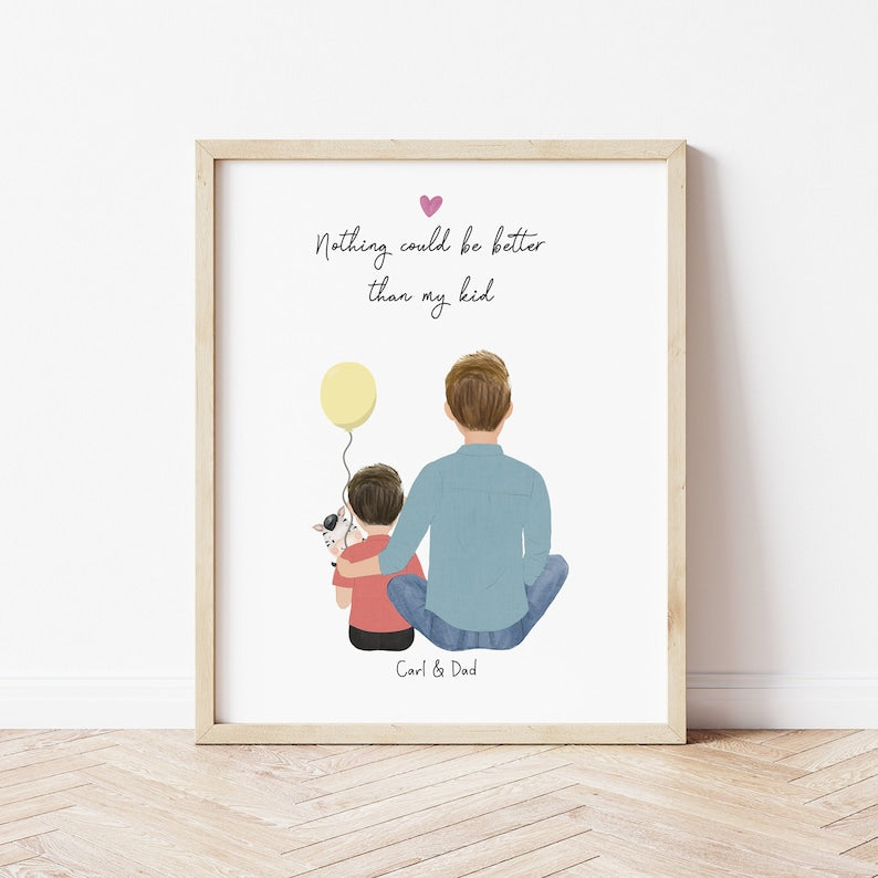 Dad and Little boy with Toy personalized wall art - custom illustration by Catia Creative