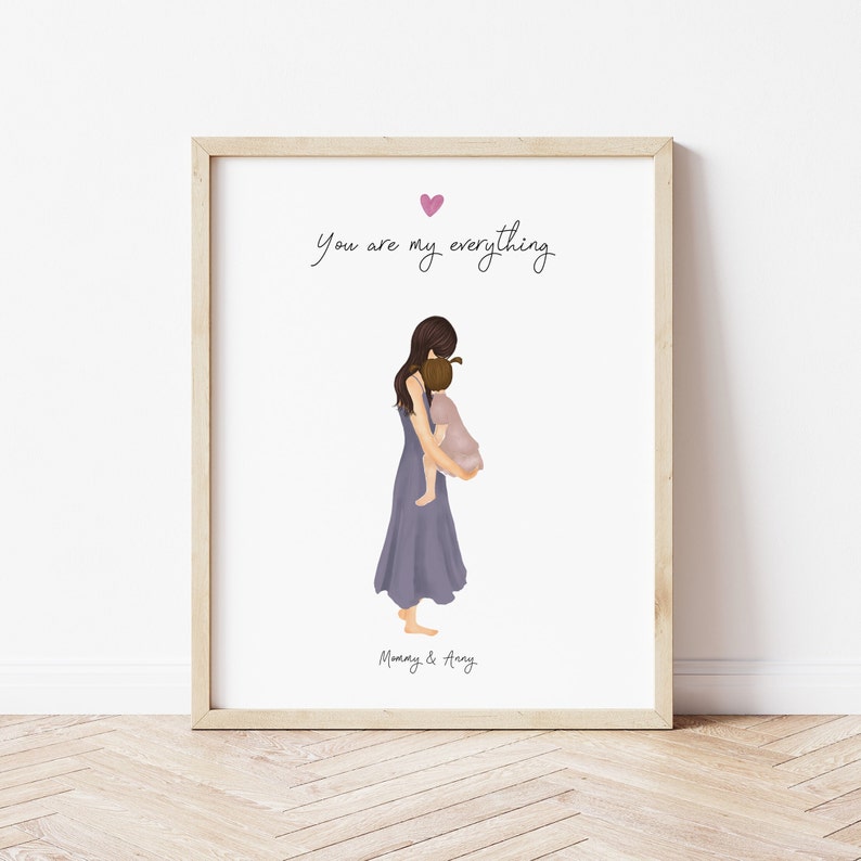 Mother and Daughter in Arms personalized wall art - custom illustration by Catia Creative