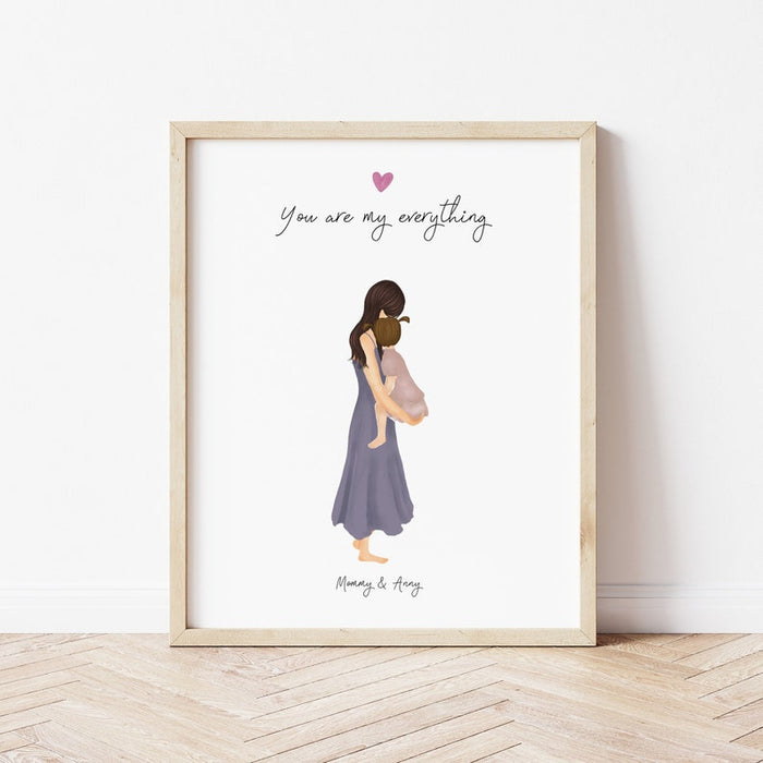 Mother and Daughter in Arms Personalized Wall Art | Custom Illustration | Mother's Day Gift