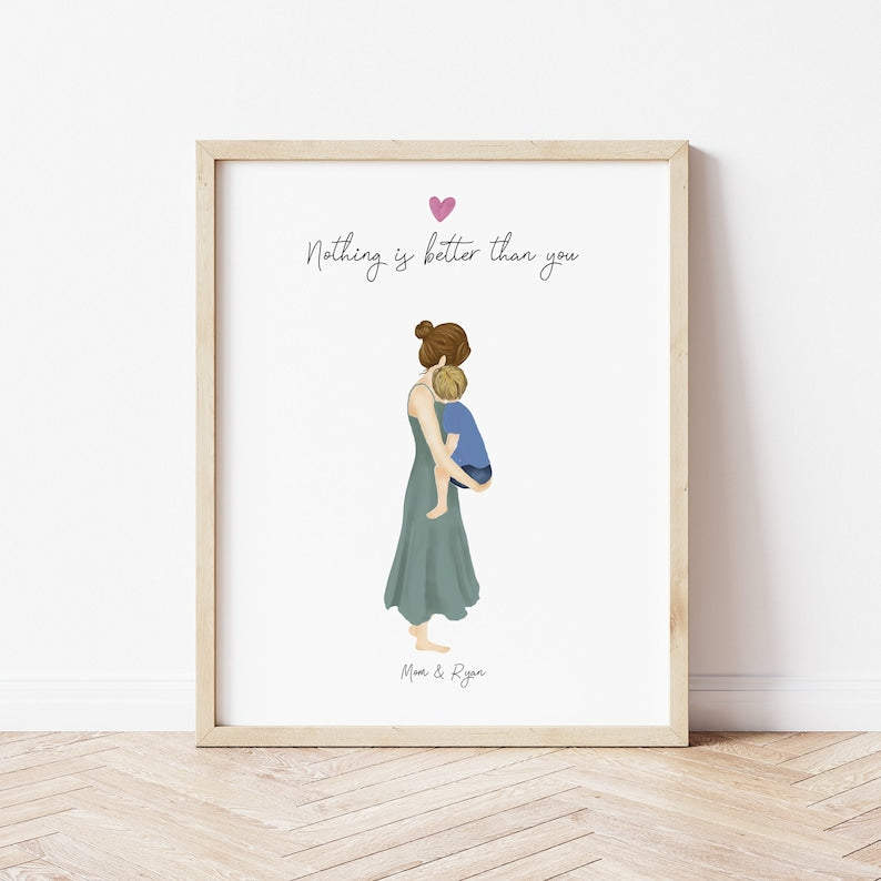Mother and Son in Arms personalized wall art - custom illustration by Catia Creative