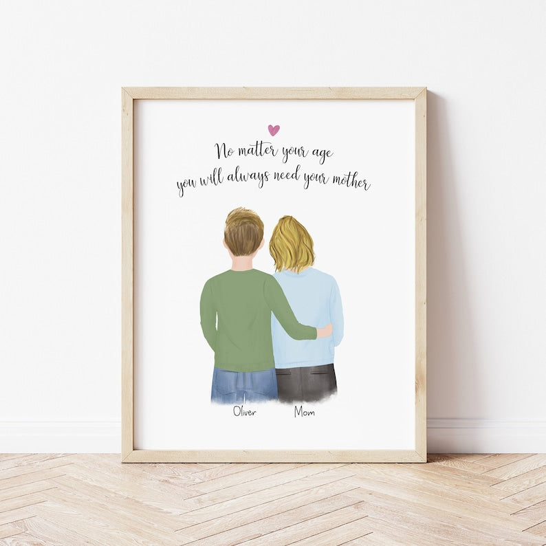 Mom and Son personalized wall art - custom illustration by Catia Creative