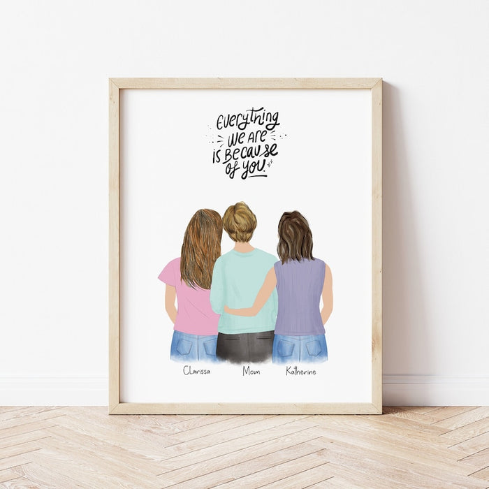 Mom and Daughters Personalized Wall Art | Custom Illustration | Mother's Day Gift