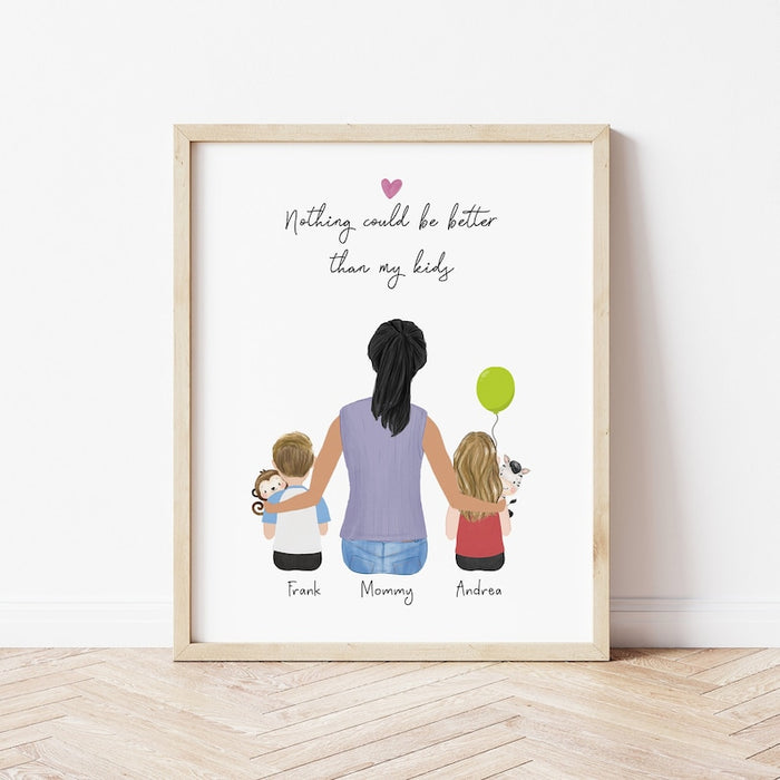 Mom and Kids with Stuffed Animals Personalized Wall Art | Custom Illustration | Mother's Day Gift