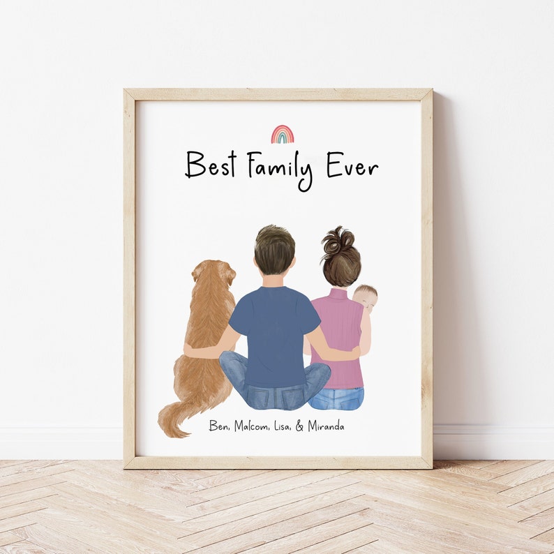 Dad, Mom, Baby and Dog personalized wall art - custom illustration by Catia Creative